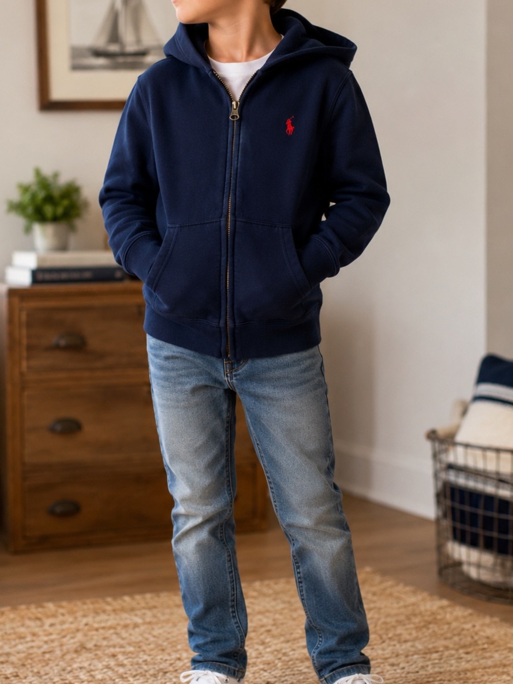 Polo Ralph Lauren Kids Navy Full Zip Hoodie Red Pony Logo Size S 8